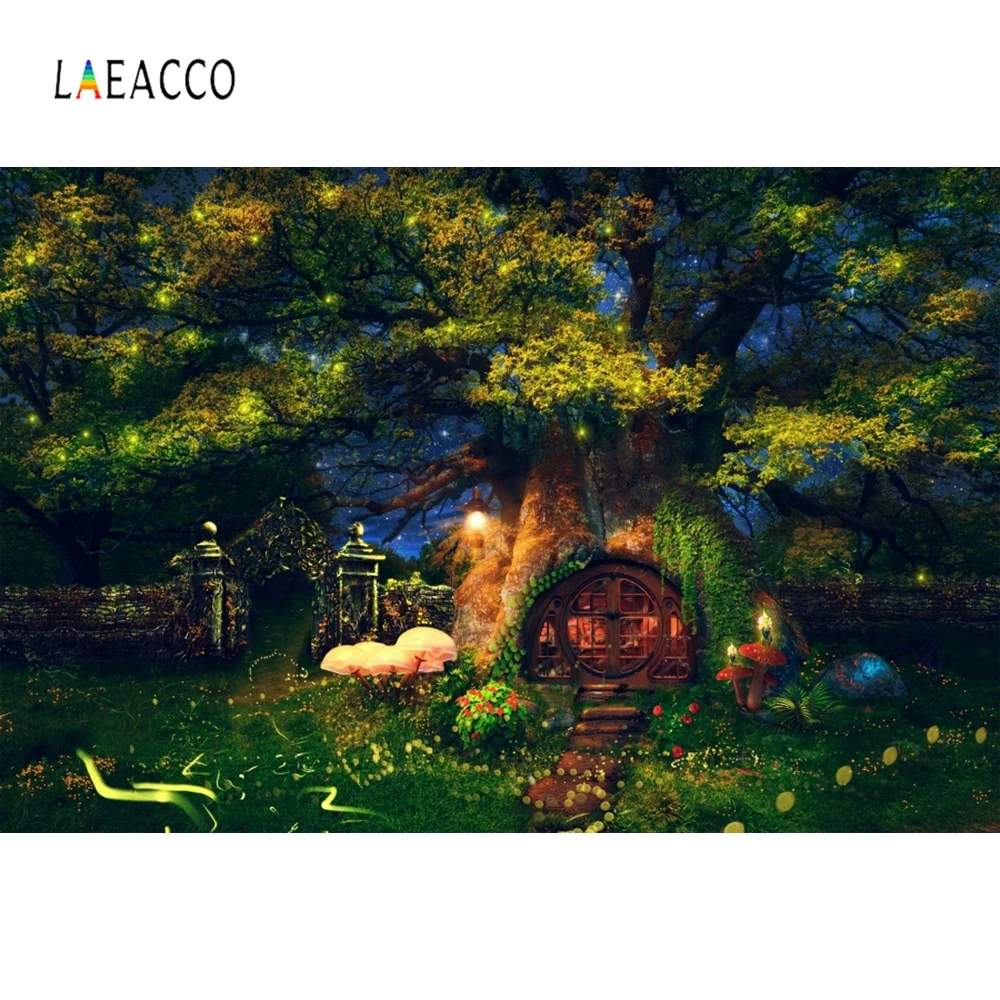 Laeacco Fairy Tale Forest Photo Backgrounds Tree House Grassland Mushroom Light Elves Party Baby Portrait Photography Backdrops |