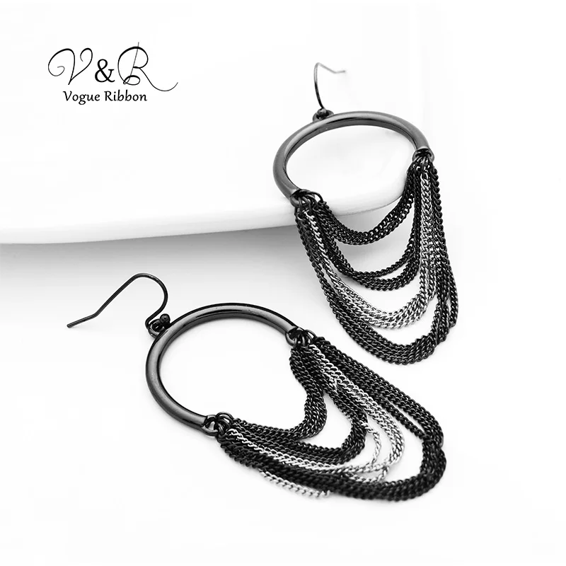 Imitation rhodium and hematite plated drop earring, with chain tassel, fashion jewelry for woman, basic metal style  (6)