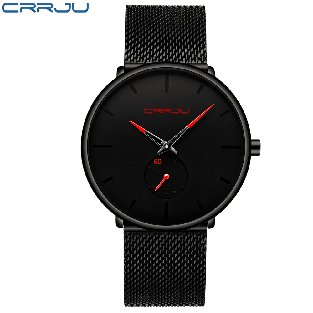 Прямая поставка CRRJU Новые простые дизайнерские водонепроницаемые мужские часы из нержавеющей стали с сеткой лучший бренд класса люкс кварцевые мужские часы - Цвет: Black Black red