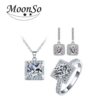 

Real 925 Sterling Silver jewelry set for Wedding Engagement Ring drop earring necklace pendant christmas gift for Women J574B
