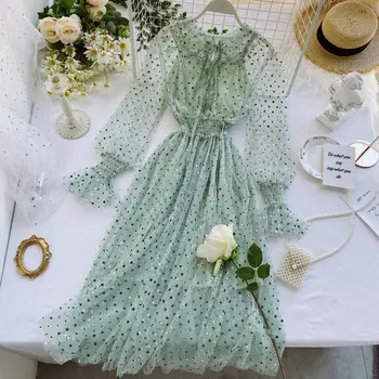 

Chic Shining Dot Lace Pink Party Dress Women Romantic Bandage Lantern Sleeve Long Dress ElegantTunic Ladies Dresses 2020