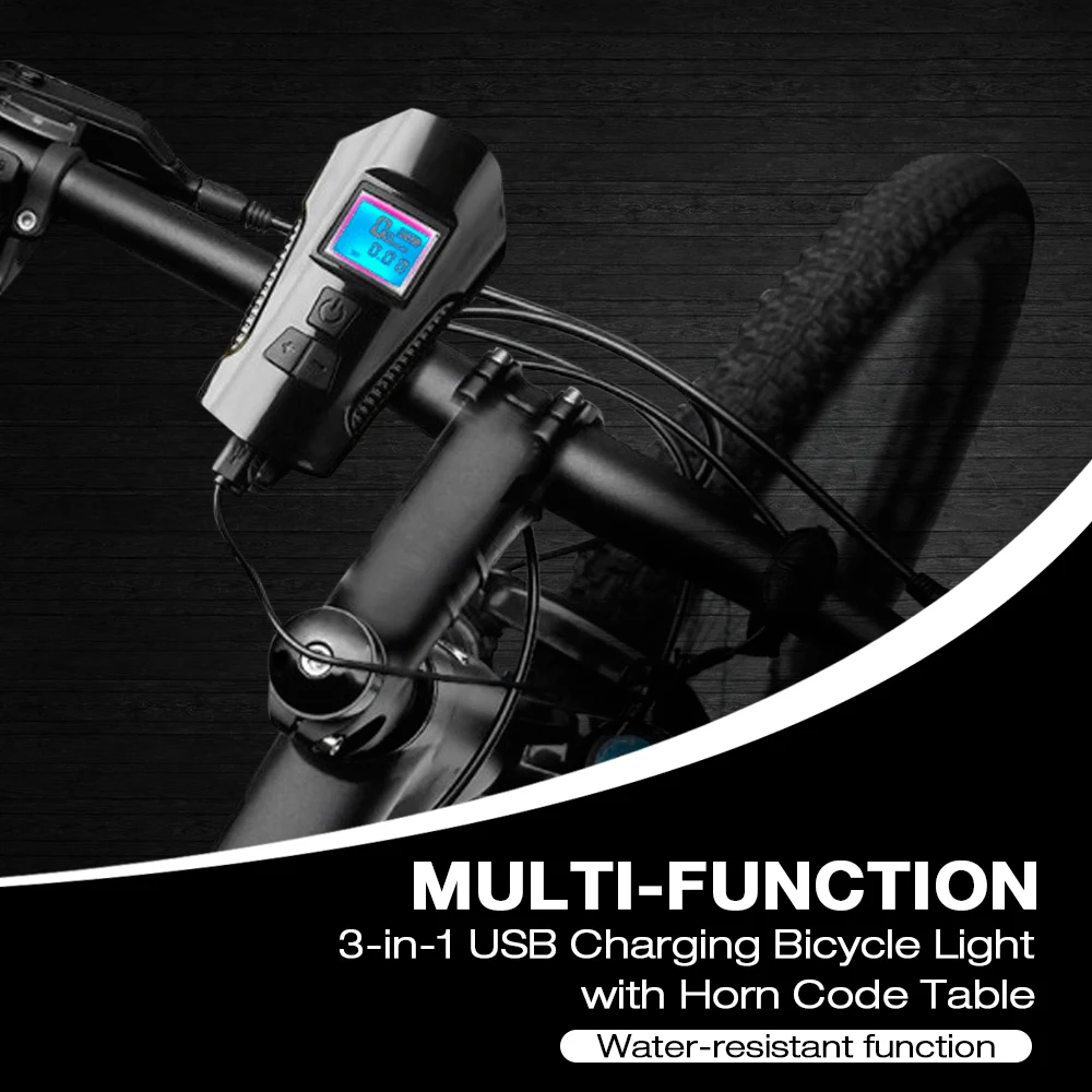 Multi-Function 3-In-1 USB Charging Bicycle Light With Horn Code Table Built-In 1200mAh Li-Ion Battery