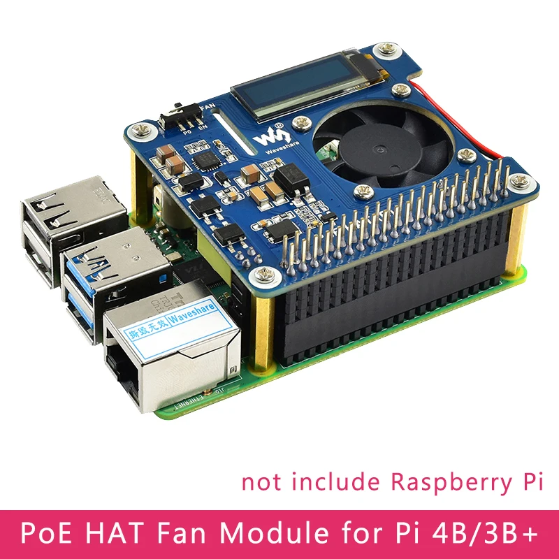Raspberry Pi 4 Power over Ethernet HAT (B) 802.3af PoE Network with Cooling Fan Temperature OLED for Raspberry Pi 3B+/4B afbeelding