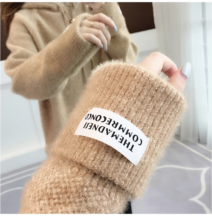 Surmiitro Mink Cashmere Knitted Hoodies Women Autumn Winter Korean Kpop Long Sleeve Hooded Sweatshirt Female Pullover Blue