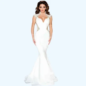 

robe de soiree Beaded Mermaid Satin Pageant High Collar Open Back Evening gown vestido de festa mother of the bride dresses