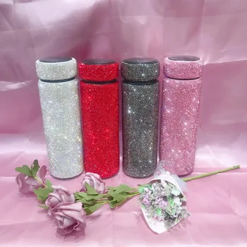

Full Rhinestones Flask with Temperature Dispaly Hot Water Thermos Stainless Steel Sparkling Insulated Cup Custom Water Bottle