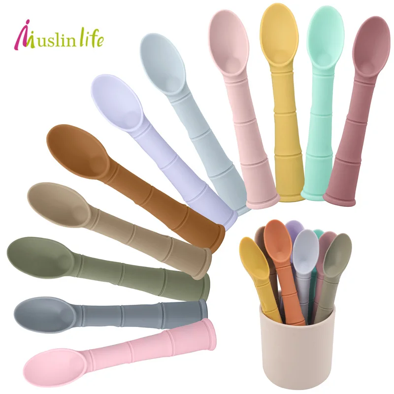 Baby Bamboo Silicone Spoon Baby Feeding Spoon Toddlers Infant Feeding Accessories BPA Free Food Grade Materia Handle Toddlers