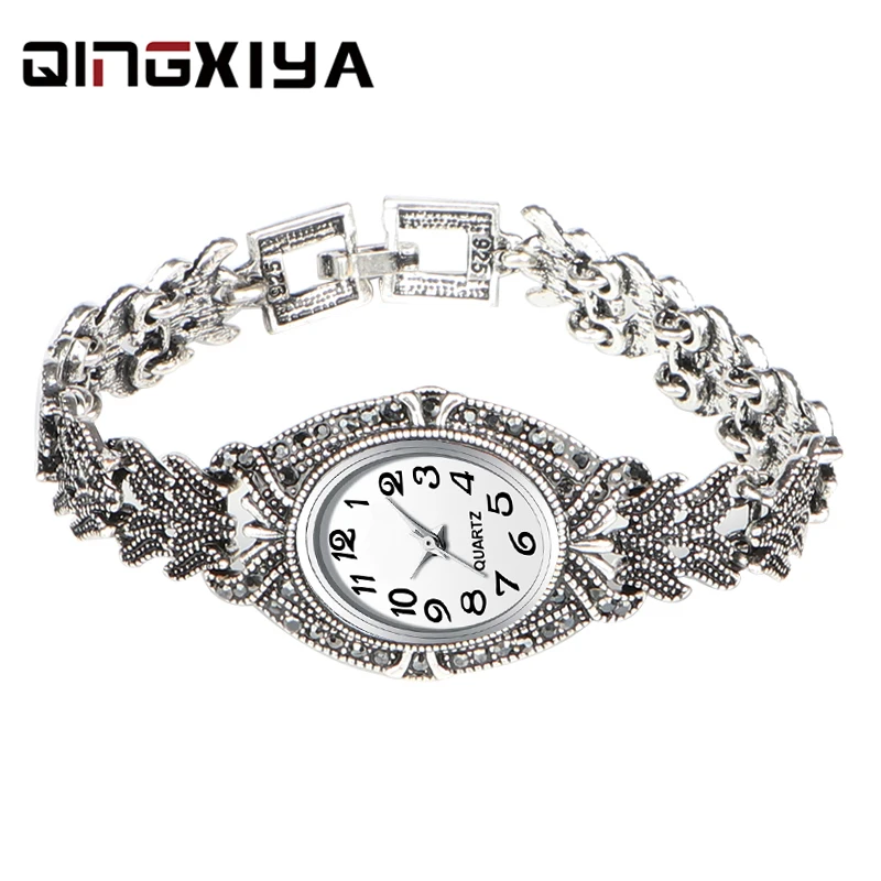 

QINGXIYA Brand Women Quartz Watches Fashion New Design Women Girl Ladies Luxury Antique Silver Bracelet wristwatches relojes