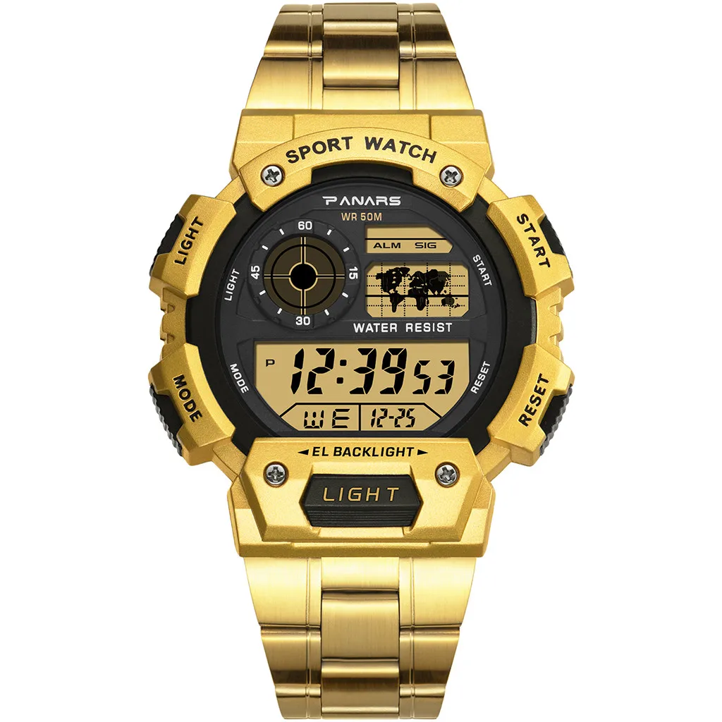 Женские Мужские часы унисекс, винтажные часы из нержавеющей стали, светодиодный, спортивные военные наручные часы, золотые, серебряные электронные цифровые часы, подарок - Цвет: Gold