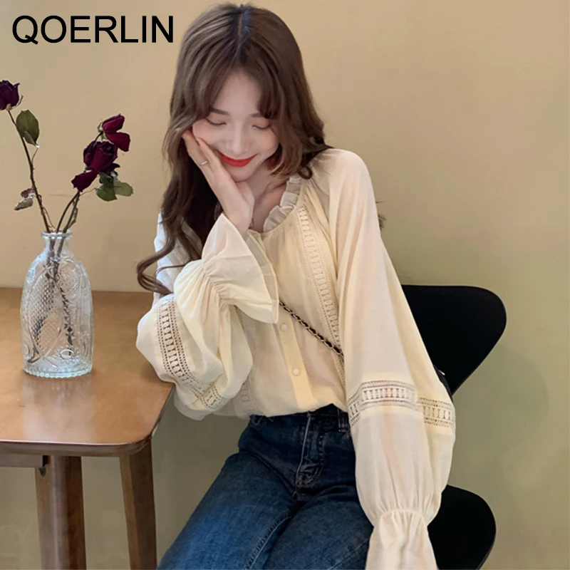 QOERLIN 2021 White Chic Chiffon Girls Sweet Gentle Blouses Streetwear Stylish Lace Lantern Sleeves Tops Shirts Hollow Out Shirt