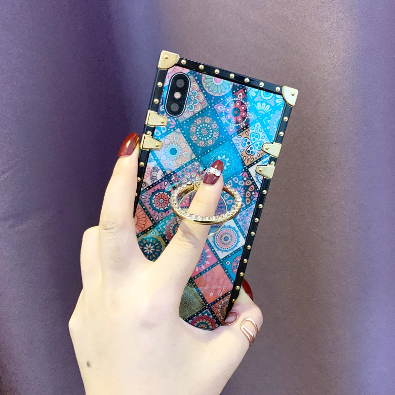 

Square National Style Phone Case with Phone Holder for iPhone X XS XR XSMax 6 6s 7 8Plus Phone Shell Cover Coque Capa