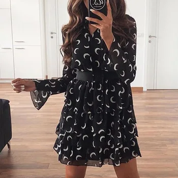 

Women Summer Bohemian Dress Chiffon a Line Floral Print Sashes Dress Mini Flare Long Sleeve Bow Beach Sundress