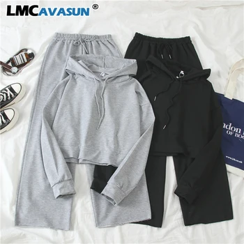 

LMCAVASUN Casual Sports Sets 2020 Spring Summer Streetwear Hooded Pullovers+solid High Waist Waide Leg Pants 2 Piece Set Women