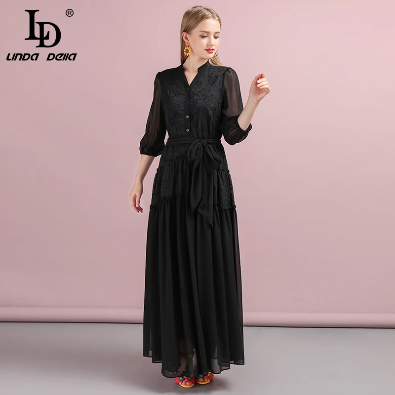 LD LINDA DELLA Herfst Vrouwen Jurk Runway Fashion Designer Lantaarn Mouw Gorgeous Hollow Out Gedrukt Elegante Slanke Vakantie Jurk LD LINDA DELLA Herfst Vrouwen Jurk Runway Fashion Designer Lantaarn Mouw Gorgeous Hollow Out Gedrukt Elegante Slanke Vakantie Jurk