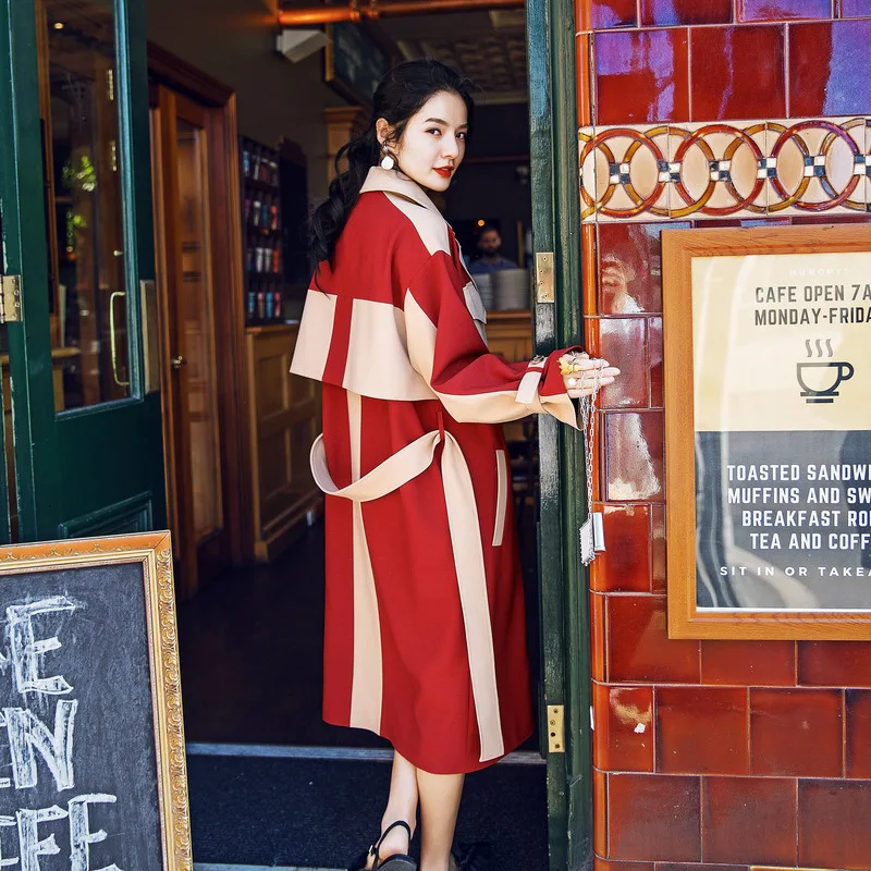 ] Spring Autumn High Quality Lapel Long Sleeve Hit Colors Adjustable Waist Vintage Windbreaker Women S862