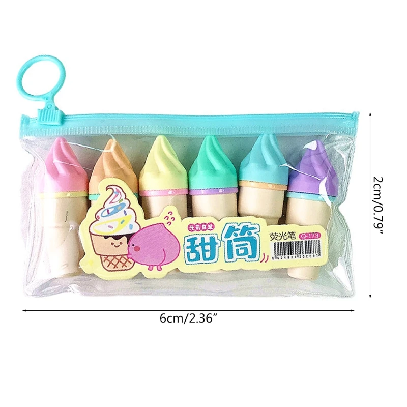 6pcs Cute Mini Highlighter Pen Kawaii Cartoon Ice Cream Shape Fluorescent Marker Pens School Office Stationery Supply