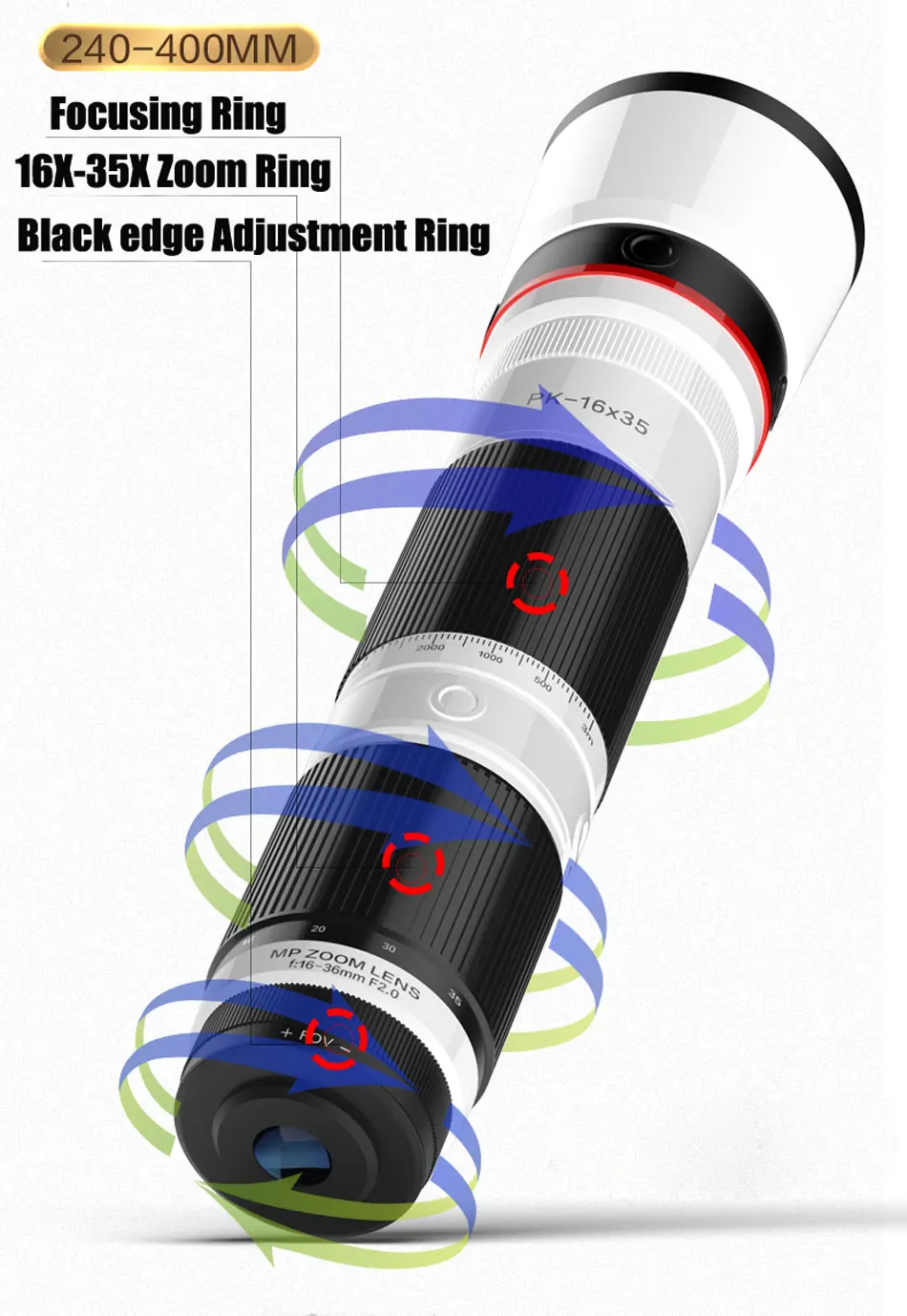 4K HD 16-35X Telescope Camera Zoom Lens for Smartphone Lente Celular 3-Section Adjustable Cell Phone Telephoto Lenses