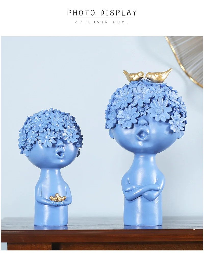 Kids Room Decorations Creative Boy With Bird Figurines Resin Little Bust Statue Kids Room Decor Accessories TV Cabinet Ornaments