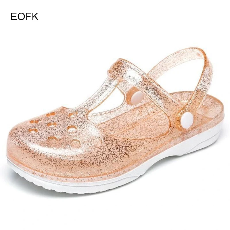 Women Sandals Women Flats Comfortable Sandals Imitation Leather Clogs EOFK Summer Women Sandals Clogs Glitter Shinny Colors Lady Jelly Flat Comfort Sandals Hoof Shoes