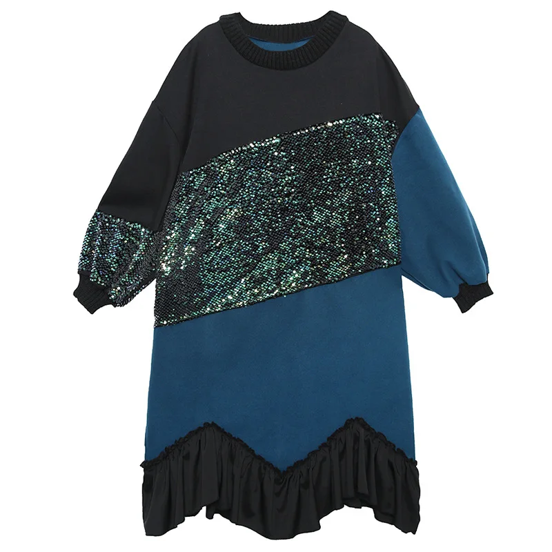 Johnature New Fashion Loose Patchwork Ruffles Dresses Winter High Street Thicken Warm Sequin Batwing Women Dress