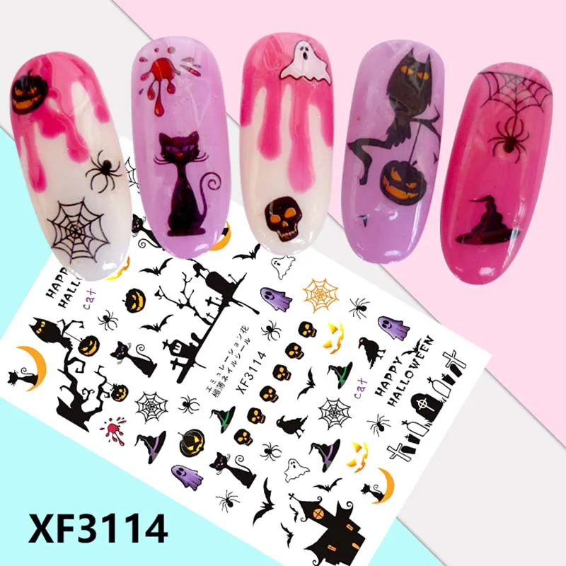 

1PC nail art sticker Christmas style snow flower pumpkin cat animal for Halloween ultra thin 3D manicure nail art decals XF001