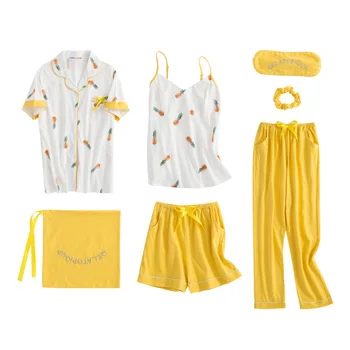 

Print 7PCS Pajamas Suit Summer New Sleep Set Casual White Homewear Intimate Lingetie Cotton Nightwear Sleepwear Nightgown