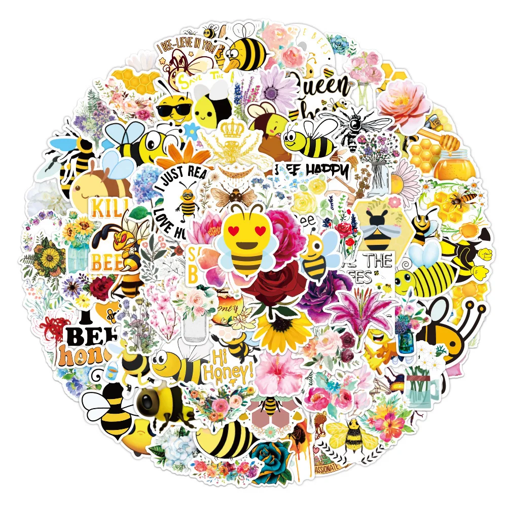

100Pcs Cartoon Flower and bee Sticker Creative Yellow Cute Graffiti Stickers Waterproof PVC Decals Gift Guitar Decorative Toy