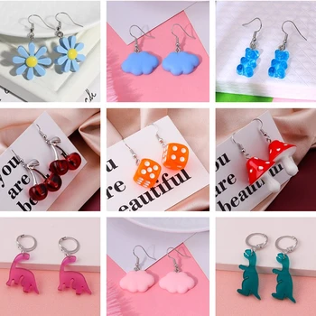 1 Pairs Creative Cartoon Dice Flower Dinosaur Gummy Mini Bear Earrings for Women Cute Candy Color Clouds Dangles Ear Hook Gifts