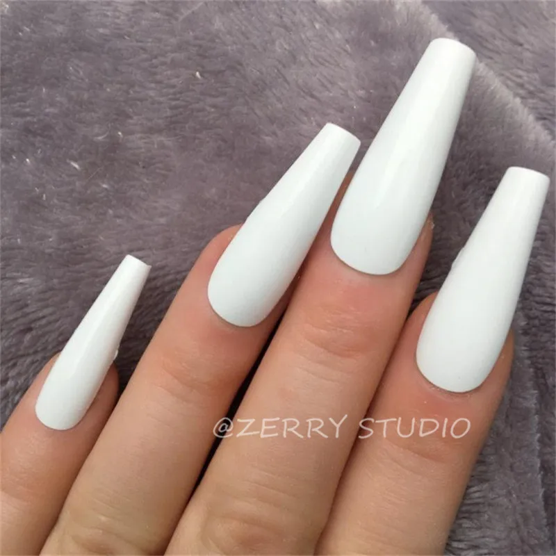 White Super Long False Nails Glossy Coffin Press On Nails Artificial Full Cover Faux Ongles Ballerine Halloween Lange Nep Nagels False Nails Aliexpress
