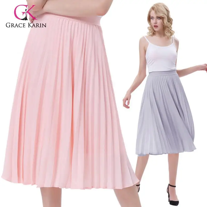 

Grace Karin Women Casual High Waist Pleated Skirt Stylish Flare A-Line Skirt Lady Solid Color Midi Party Swing Skirt 2019 Summer