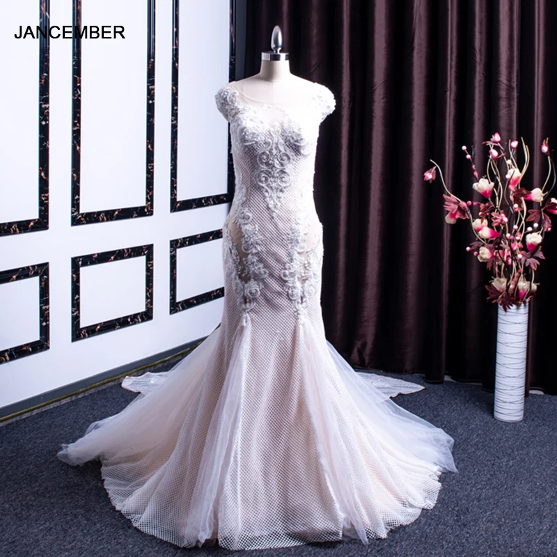 LSS057 jancember Свадебные платья русалки с О-образным вырезом, коротким рукавом, аппликацией, кружевом, свадебные платья, vestido de noiva barato