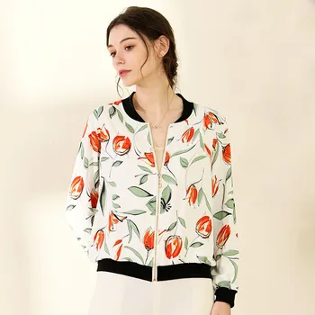 

Thin Chiffon Women Bomber Jacket Fashion Flowers Print White Short Coat Summer Sun Protection Women's Outerwear Chaqueta Mujer