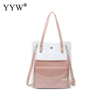 

Large Capacity Women Pvc Tote Handbag 2pcs/Set Transparent Bag Clear Messenger Bags Female Shoulder Waterproof Handbags Sac