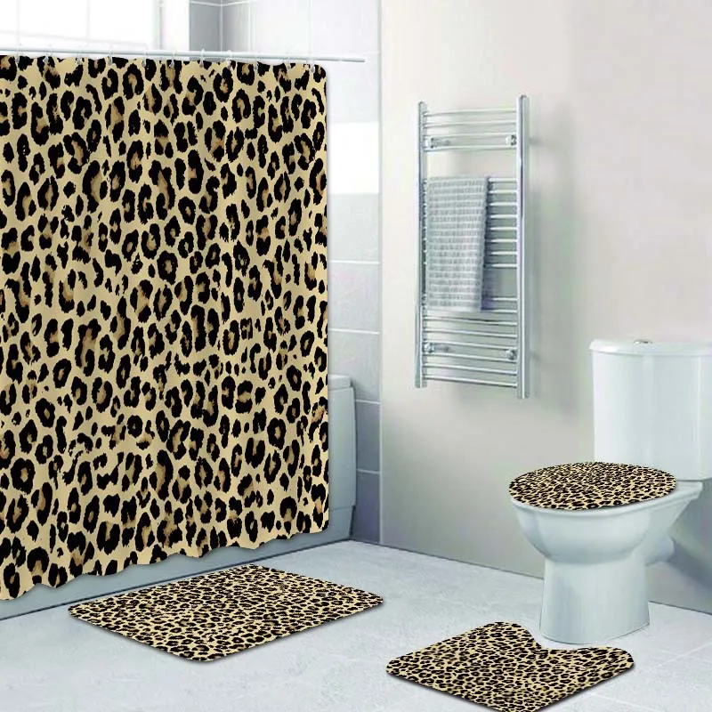 Leopard Shower Curtain Set Thick Bathroom Rug Bath Mat Non-Slip Toilet Lid Cover 