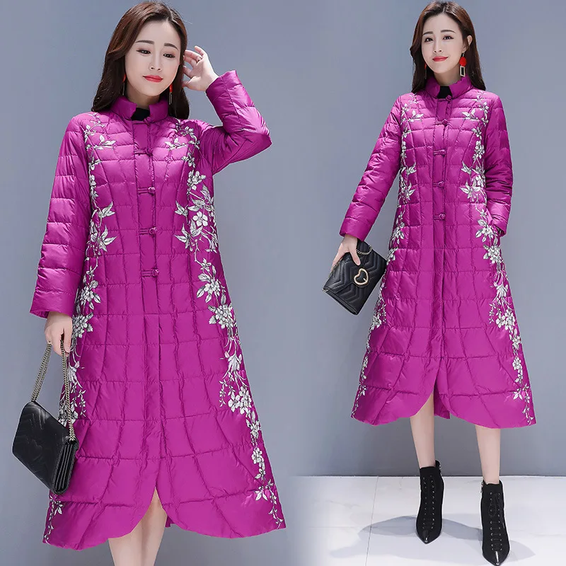 

Chinese-style Slim Fit Retro Cotton-padded Clothes Mid-length over-the-Knee 2019 Winter New Style Ethnic-Style Large Size Printe