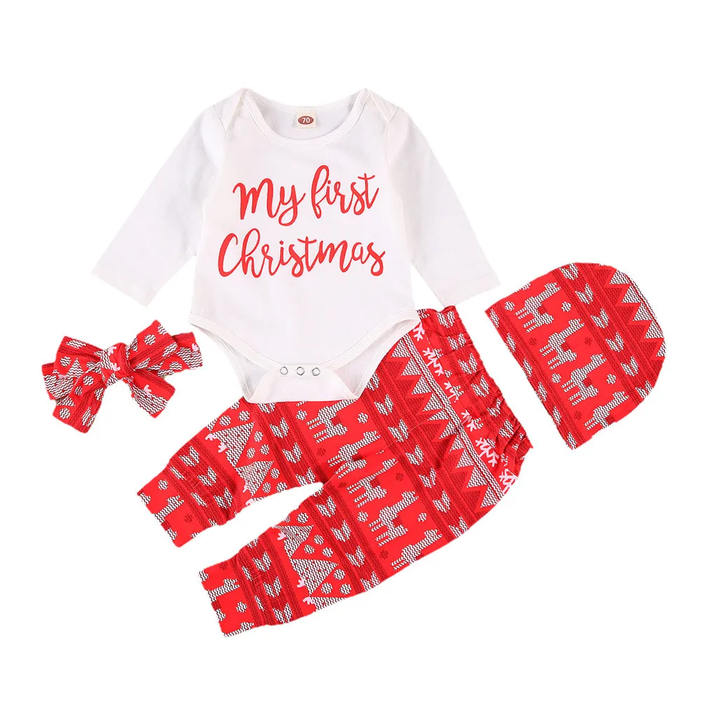 

Christmas Baby's Suits Long Sleeve Round Neck Romper Long Pants with Hat and Bow Tie 4PCS Clothes Outfits for Spring Autumn