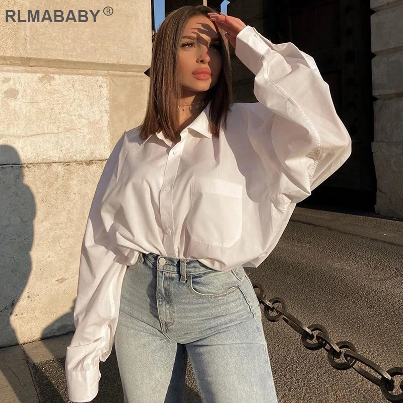 Boyfriends Loose Sexy White Blouse Shirts Elegant Turn-Down Collar Lantern Sleeve Oversize Women Blouse Casual Fashion Shirts Boyfriends Loose Sexy White Blouse Shirts Elegant Turn-Down Collar Lantern Sleeve Oversize Women Blouse Casual Fashion Shirts