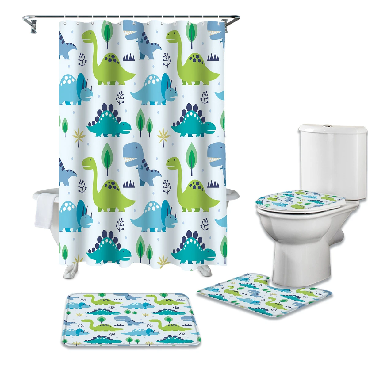 Bathroom Shower Curtain And Rug Sets Color Dinosaur Cartoon Kawaii Toilet Lid Cover Bath Mat Waterproof Shower Curtains Set Shower Curtains Aliexpress