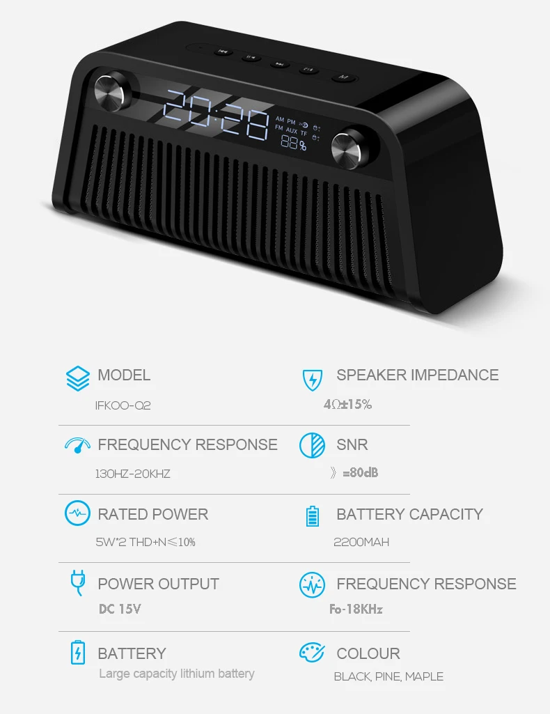 IFKOO Q2 беспроводной Bluetooth портативный динамик бас Поддержка антенна FM радио TF карта светодиодный часы для автомобиля ПК Мобильный телефон музыкальный сабвуфер