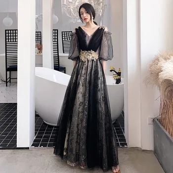 

Formal Robe De Soiree R269 V-Neck Black Evening Dresses Puff Sleeve Appliques Women Party Gowns A-Line Elegant Long Vestidos