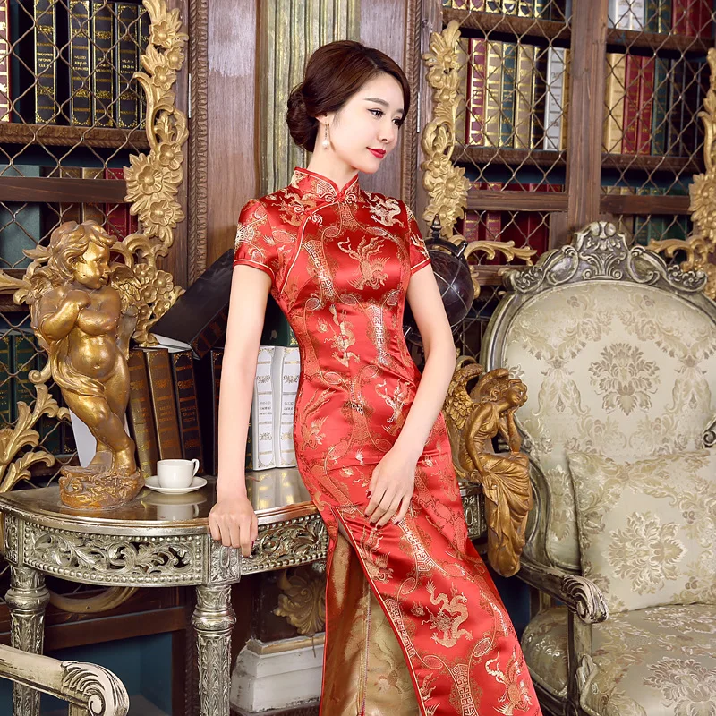 

Длинные Cheongsam Тонкий Винтаж Женщин Феникс Платье Тан Костюм Плюс Размер Платья