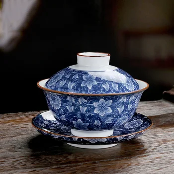 

Retro Blue and White Porcelain Gaiwan Cover Bowl Tea Cup Ceramic Sancai Tea Set Household Thick Heat-resistant Kung Fu Teaset