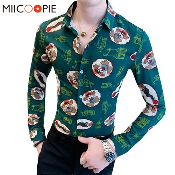 

Brand Mens Clothes Green Cartoon Printed Shirt Men Camisa Masculina Slim Fit Circus Clown Pattern Long Sleeved Male Dress Shirts