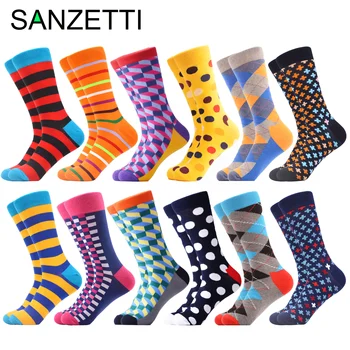 

SANZETTI New Hot Sale 12 Pairs Happy Men Crew Socks Geometric Colorful Fruits Animals Oil Painting Combed Cotton Socks Gift