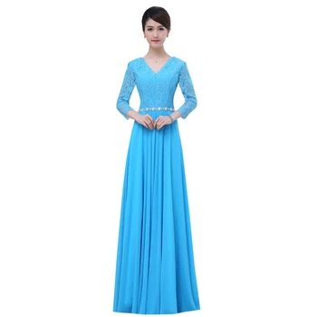 

Women V Neck Chiffon Bridesmaid Dresses with Crystal Sash 2020 Lace Top Design Wedding Party Dress Sky Blue Royal Blue Black