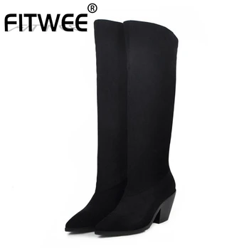 

FITWEE 4 Color Women Knee High Boots Solid Color Pointed Toe High Heel Shoes Autumn Winter Daily Long Boots Women Size 31-46