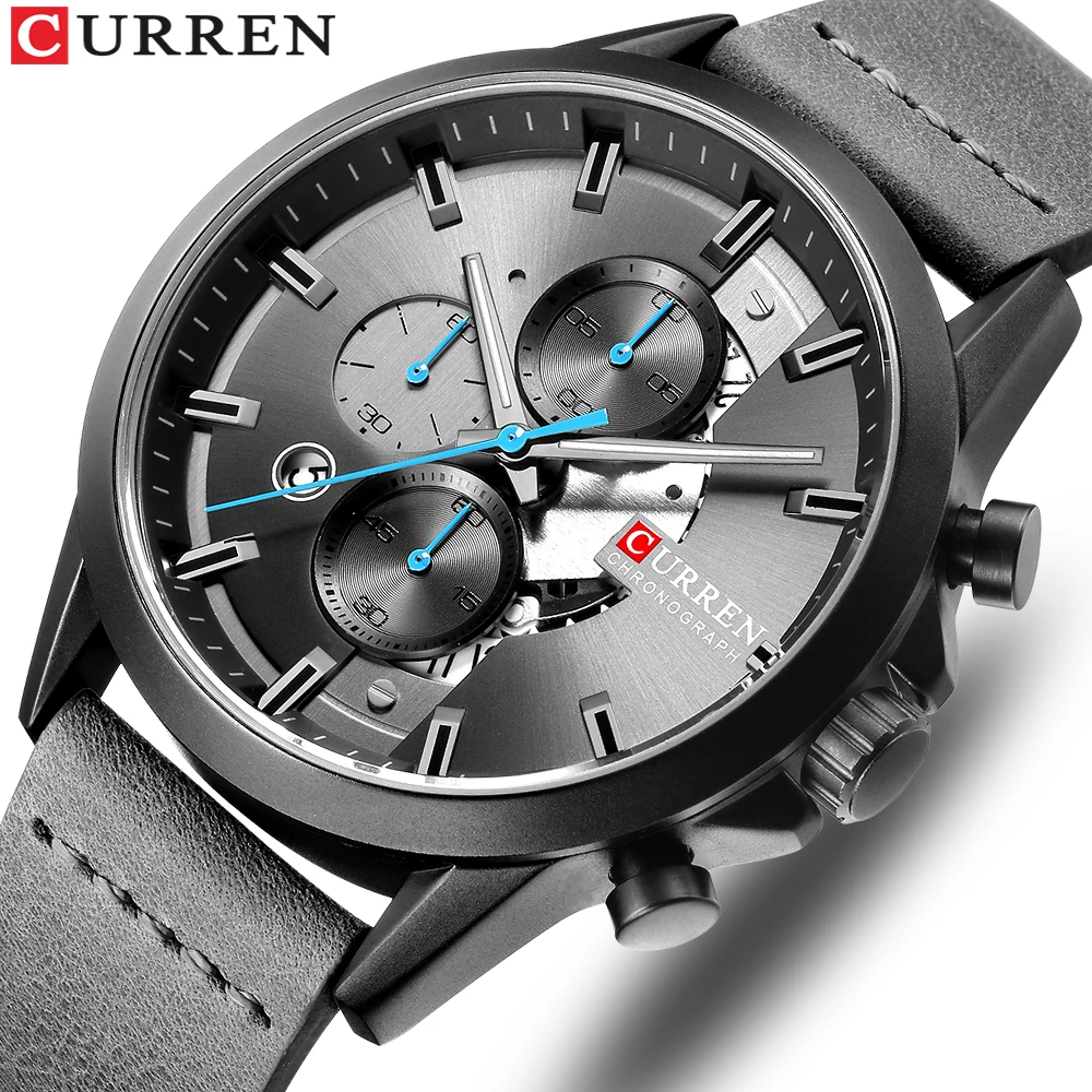 

2019Men's Sports Watch with Chronograph CURREN Leather Strap Watches Fashion Quartz Wristwatch Business Calendar Clock Male