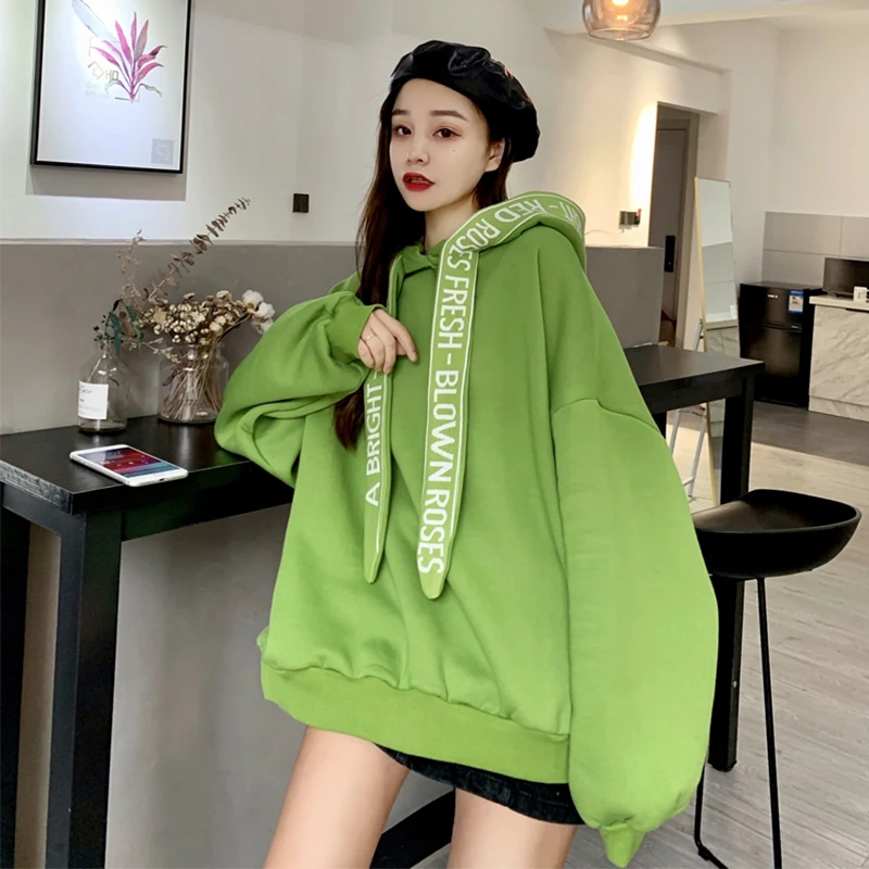 green Зимняя Корейская толстовка с капюшоном плюс Вельветовая Толстая Толстовка с длинными рукавами женская модная свободная Милая винтажная Женская толстовка в стиле Харадзюку - Цвет: green