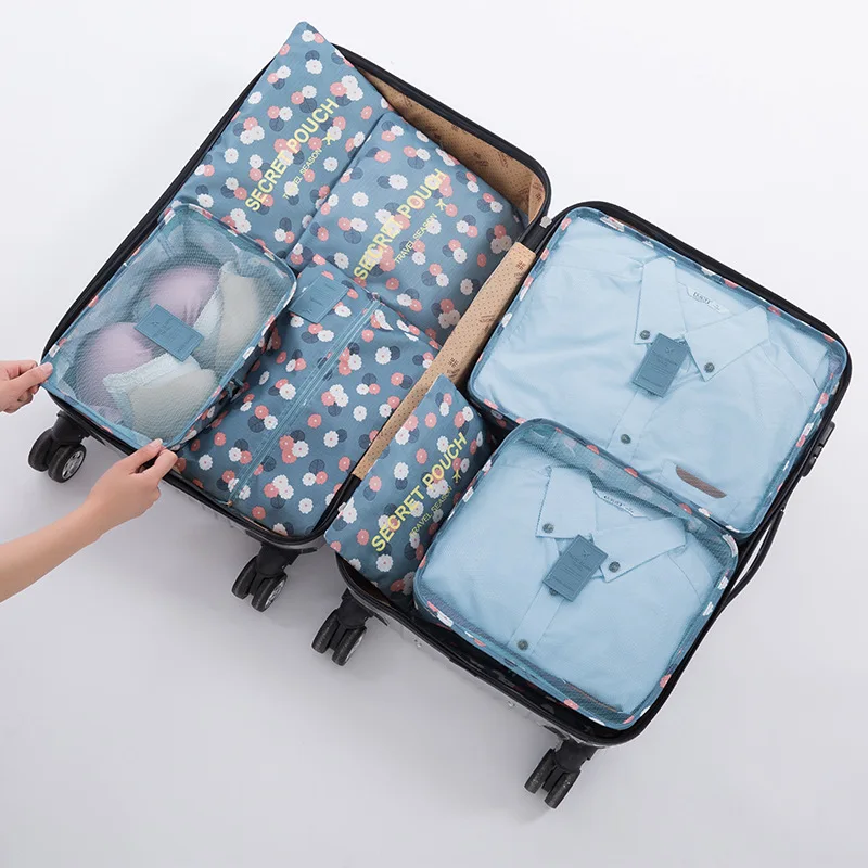 6pcs packing cubes Travel Organizer Bag Clothes Pouch Portable Luggage Suitcase Chic Bags Unisex Use Travel Accessories - Цвет: Blue Flower