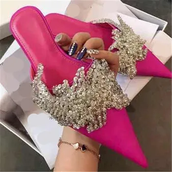 

Rhinestone Unicornio Mules Shoes Woman Silk Stain Slippers Pointed Toe Women Shoes Crystal Bling Luxury Design Zapatos De Mujer